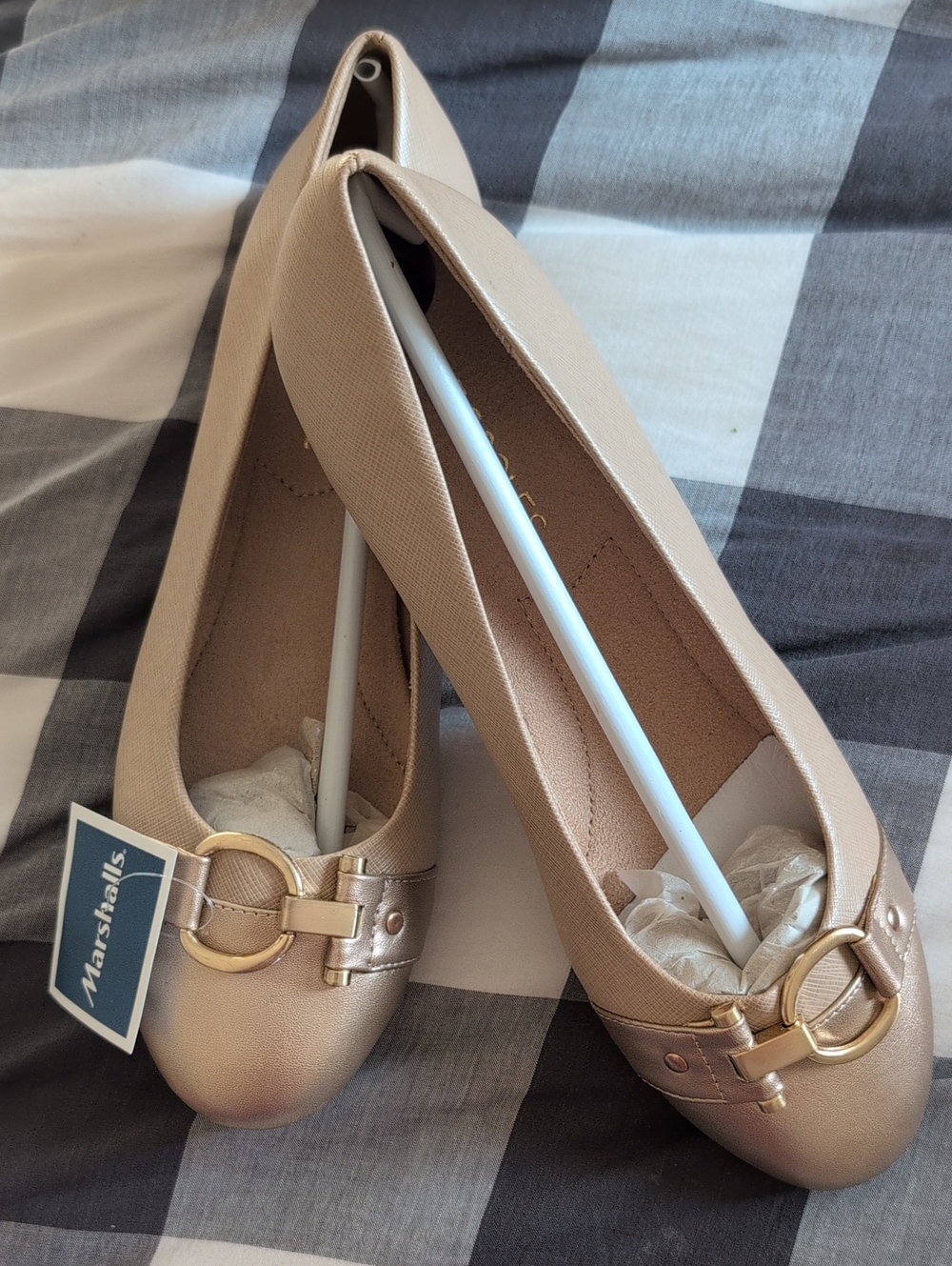 AEROSOLES Champagne Metallic Ballet Flats with Gold Hardware